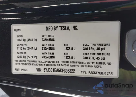 2019 Tesla Model 3 Long Range/Mid Range/Standard Range/Standard Range Plus from USA, damaged, VIN 5YJ3E1EA5KF395822